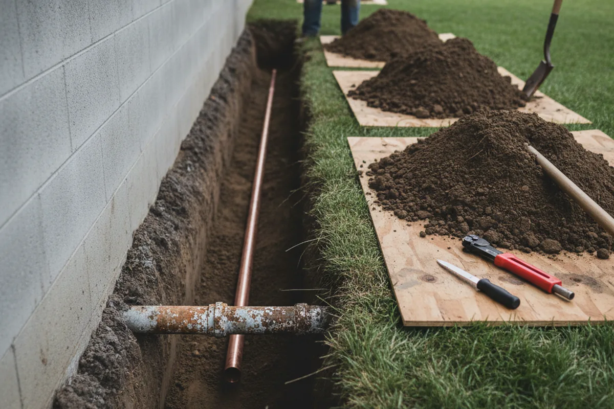 Excavated water line trench during Water Softener Installation in American Fork
